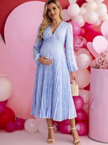 SHEIN Maternity Elegant & Romantic Long Sleeve Midi Dress With V-Neck For Party - Blue - View 3