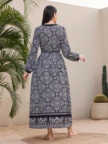 Mulvari Full-Printed Notched Neck Long Sleeve Dress - Black - View 2