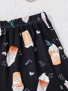 SHEIN Teen Girls' Knitted Coffee Milk Tea Print T-Shirt And Shorts Casual Homewear Pajamas - Black - View 5
