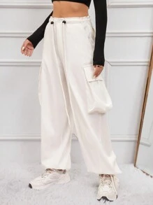 GENKIRA Women's Drawstring Waist Cargo Pants - White - View 6