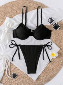 SHEIN Swim Bộ Bikini Hai Mảnh Màu Trơn Đi Biển Mùa Hè Cho Nữ - màu đen - Xem 3