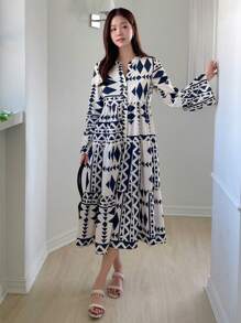 DAZY Vestido suelto con estampado geométrico todo sobre, cuello escotado, mangas acampanadas, volantes, ropa de mujer para otoño