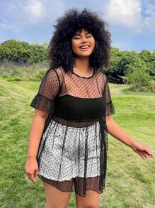 SHEIN EZwear Plus Black Sheer Mesh Cover Up Top, Suitable For Music Festival - Black - View 4