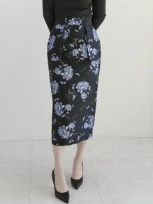 DAZY Women's Floral Printed Pencil Skirt - Black - View 7