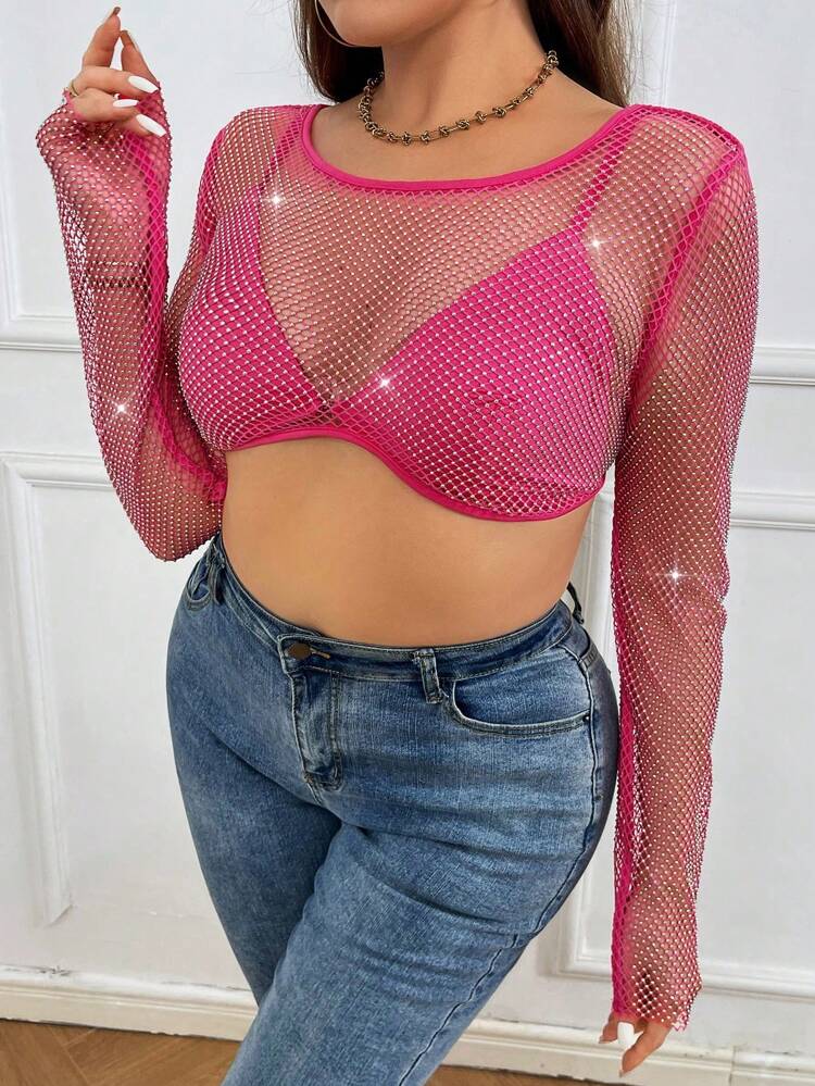 Plus Size Women'S Rhinestone Fishnet Cropped Top Fall Cloth For Women