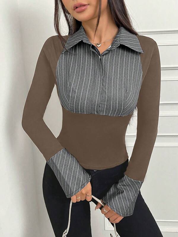 Flirla Của phụ nữ Sọc Vá lại Tay áo dài Áo thun