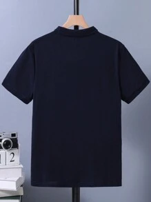 SHEIN Camisa Polo Casual Listrada Fashion Para Adolescentes, Gola E Barra Em Cor Contrastante, Com Impressão De Letras - Azul Marinho - Visão 3