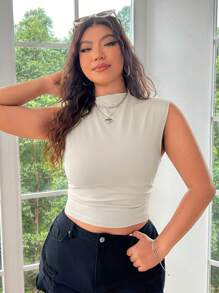 SHEIN EZwear Women's Plus Size Light-Colored Knitted Sleeveless Top With Stand Collar - Khaki - View 1