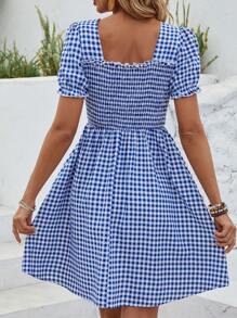 SHEIN LUNE Vestido A Cuadros Para Mujer Con Escote Cuadrado - Azul y blanco - Ver 2