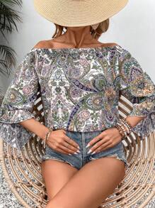 SHEIN VCAY 女士洋裝顯肩短上衣,印花設計底裝 - 紅色 - 查看 5