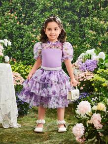 SHEIN Conjunto De Manga Puff Para Niñas Jóvenes Con Top De Punto Con Volantes De Malla Con Patrón Floral Y Cuello De Pie Con Falda De Múltiples Capas En Forma De Pastel - Multicolor - Ver 5