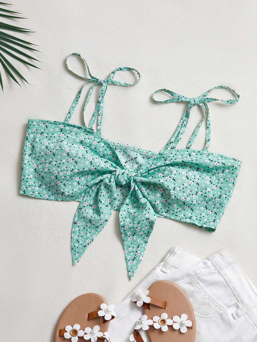 SHEIN WYWH Của phụ nữ In hoa Tie Trước Cami ngọn - màu xanh lá - Xem 1