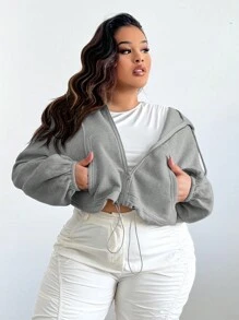 SHEIN SXY Sudadera con cremallera y bolsillo tipo canguro para tallas grandes - Gris Oscuro - Ver 5