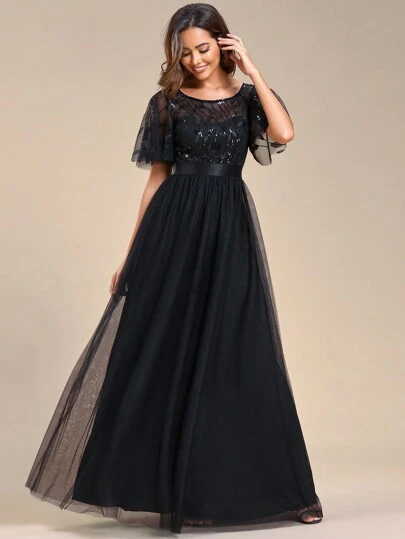 EVERPRETTY Autumn Ditsy Floral Sequin Ruffle Sleeve Mesh Formal Gown, Elegant Evening Party Dress, Black Wedding Guest Dress