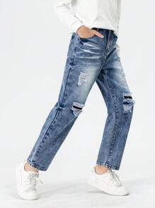 Jeans Para Adolescentes, Diseño Informal De Parches Con Estilo Desgastado, Pantalones Rectos Lavados De Moda Y Juveniles - Azul lavado oscuro - Ver 4