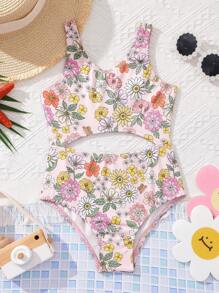 SHEIN SLAYR KIDS Young Girl's Knitted Flower Print One-Piece Swimsuit For Vacation