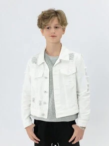 Tween Boys' New Casual Fashion White Denim Jacket With Distressed And Water Washed Design - White - View 4