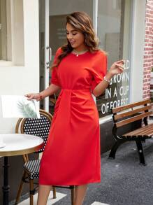 GENKIRA Solid Color Short Sleeve Dress - Orange - View 5