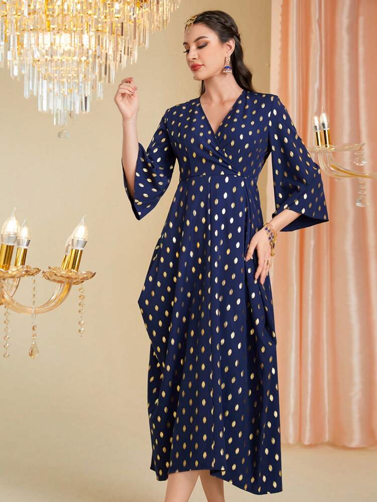 Women's Wrap Design Dress With Gold Foil Print