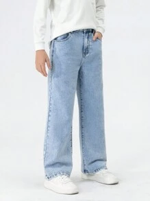 SHEIN Tween Boy New Casual & Fashionable Light Blue Washed Straight Jeans Chic Outfits For Autumn/Winter