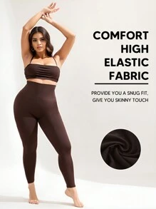 Leggings de talla grande de cintura alta, suaves, que levantan y dan forma, de uso casual para primavera - Café integral - Ver 3