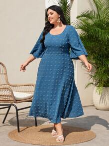 Mulvari Plus Size Jacquard Bell Sleeve Dress - Blue - View 3