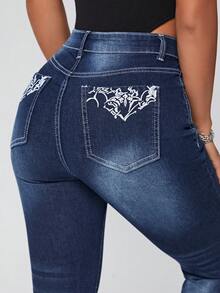 Women's Embroidered Flared Jeans - Blue - View 6