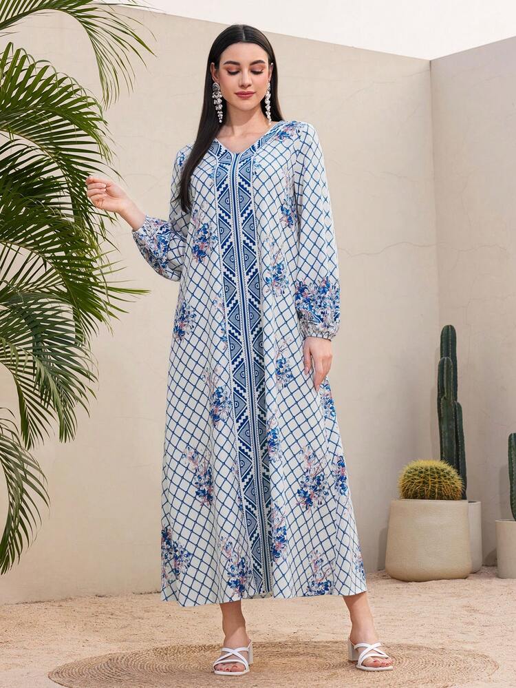Women's Positioned Printed Casual Jalabiya Dress