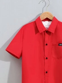 SHEIN 兒童休閒街頭風格貼布設計短袖針織鈕扣恤衫 - 紅色 - 查看 4