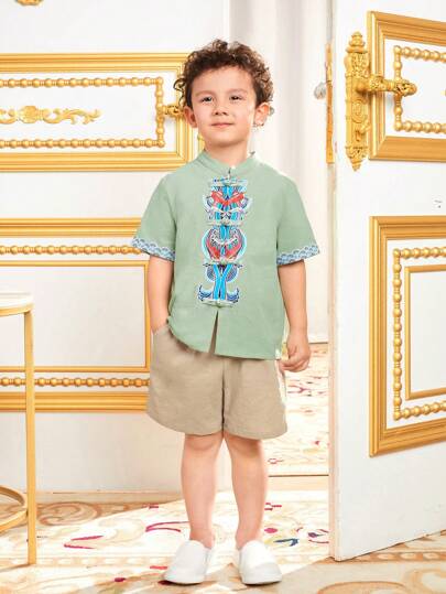 SHEIN Young Boys' Combination Casual Stand Collar Short Sleeve Shirt And Shorts Set With Traditional Chinese Elements