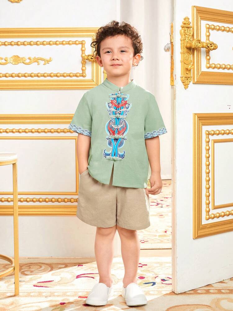Young Boys' Combination Casual Stand Collar Short Sleeve Shirt And Shorts Set With Traditional Chinese Elements