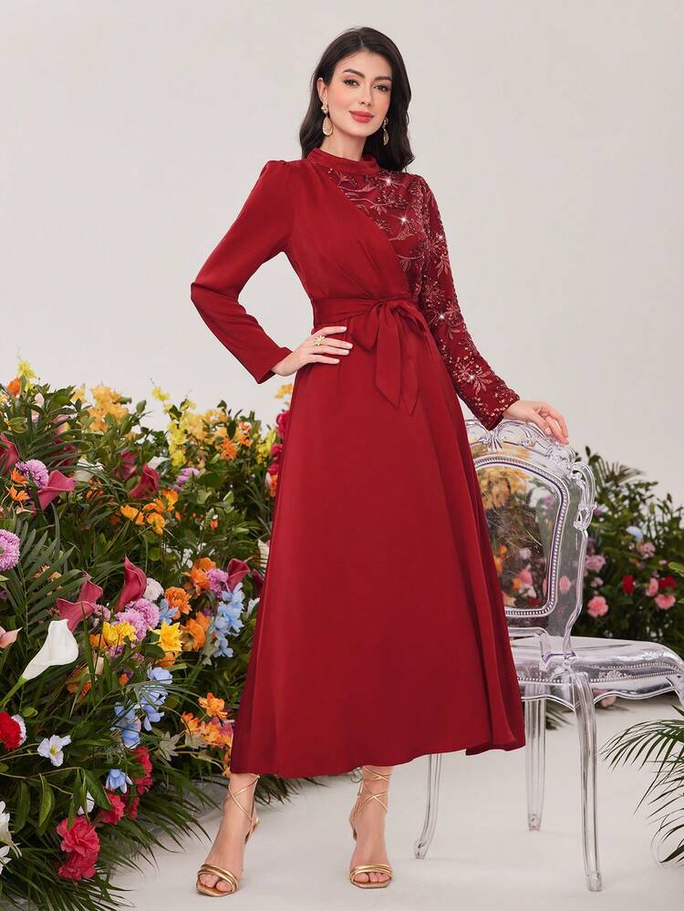 Burgundy Red Women's Bead & Embroidery Decor Stand Collar Arabic Style Dress Long Evening Dresses