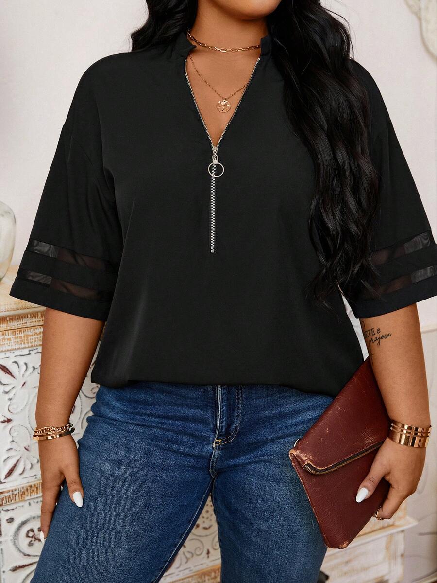 Calvaya Kích thước lớn Của phụ nữ Lưới Khóa kéo nửa mở Áo sơ mi - màu đen - Xem 1