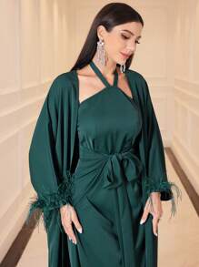 Modelyn Ladies' Solid Color Wrap Dress With Halter Neck Tie And Sleeve Cuff Jacket, Two-Piece Set - Dark Green - View 5