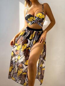 SHEIN Swim Bộ bikini in hình cây nhiệt đới đi biển mùa hè cho nữ - màu đen - Xem 3