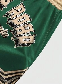 ROMWE MEN Street Life Men's Letter Graphic Striped Trim Drawstring Waist Basketball Shorts, School - Green - View 7