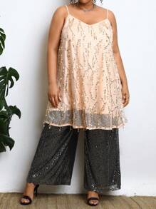 SHEIN CURVE+ 大尺碼寬鬆闊腿閃光褲 - 銀色 - 查看 3