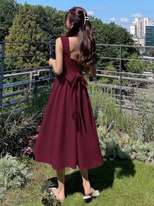 DAZY 情人节纯色方领无袖连衣裙女士太阳裙红色女士连衣裙 - 酒紅色 - 查看 3