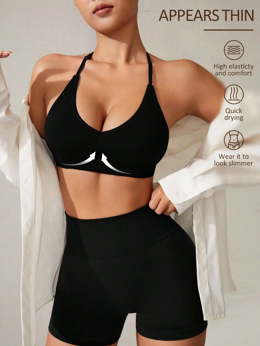 Easithlete Women's Black Halter Sports Bra