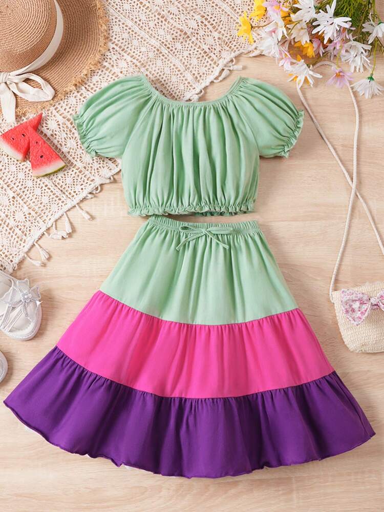 Little Girls' Solid Color Puff Sleeve T-Shirt And Contrast Color Skirt Set, Casual