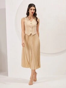 Modelyn 女性的v領單排扣背心、西裝外套和褶裙套裝 - 杏色 - 查看 6