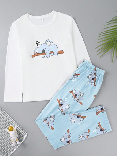 Tween dziewczynka Lekki Niebieski Nadruk koali Spodnie do spania Z Biały Długi Rękaw Topy 2 szt. Codzienny Odzież Domowa Komplety Biżuterii