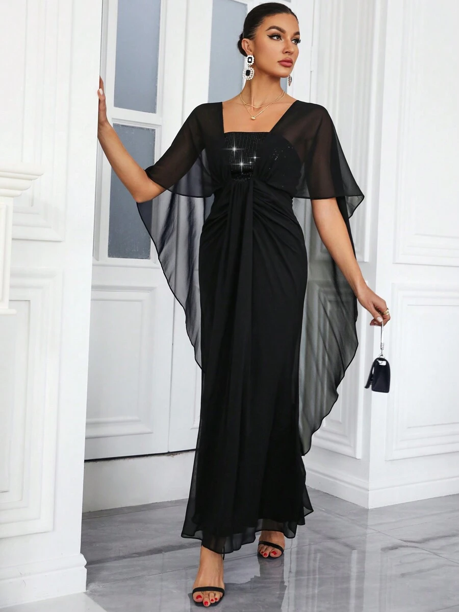 SHEIN Belle Của phụ nữ Lưng Chữ V Cape Thanh lịch Trang phục dạ hội Đầm - màu đen - Xem 1