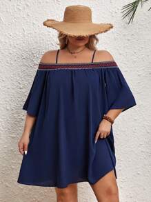 SHEIN VCAY Plus Size Woven Strap Patchwork Dress - Blue - View 6