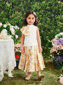 SHEIN Bộ áo cổ đứng thêu hoa có viền xếp nếp và chân váy xếp ly họa tiết hoa cho bé gái - Nhiều màu - Xem 6