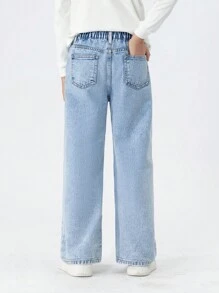 SHEIN Tween Boy New Casual & Fashionable Light Blue Washed Straight Jeans Chic Outfits For Autumn/Winter