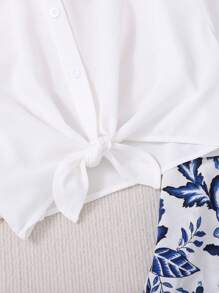 SHEIN Teen Girls' Solid Color Bow-Tie Shirt & Flower Print Spaghetti Strap Jumpsuit Set - Blue and White - View 5