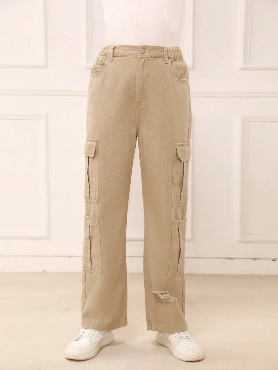 Teen Boy's Distressed Cargo Style Jeans With Patch Pockets - Apricot - View 1