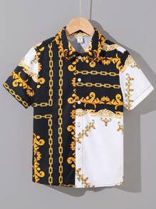 SHEIN 十幾歲男孩鬆身款休閒無領短袖平紡襯衫,有鏈條圖案 - 白色 - 查看 3