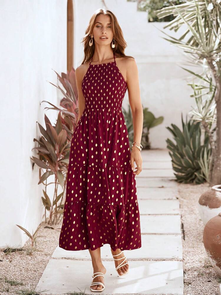 Polka Dot Print Halter-Neck Swing Dress With Elastic Waist And Ruffled Hem